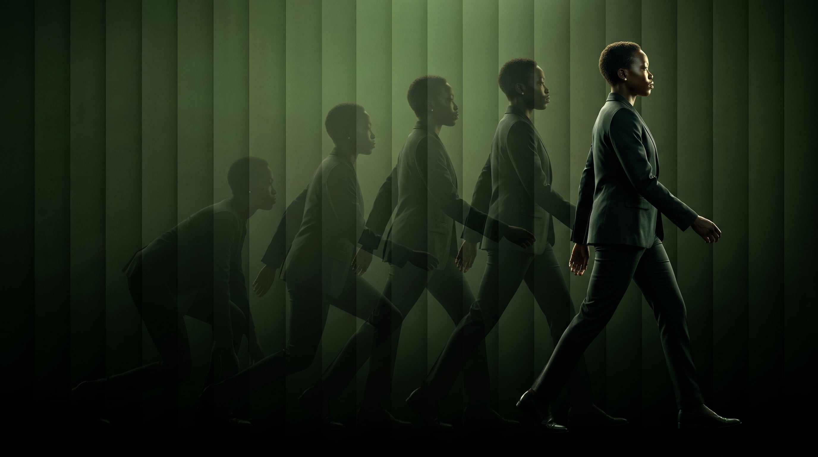 One figure rising, step by step, from crouching to walking upright